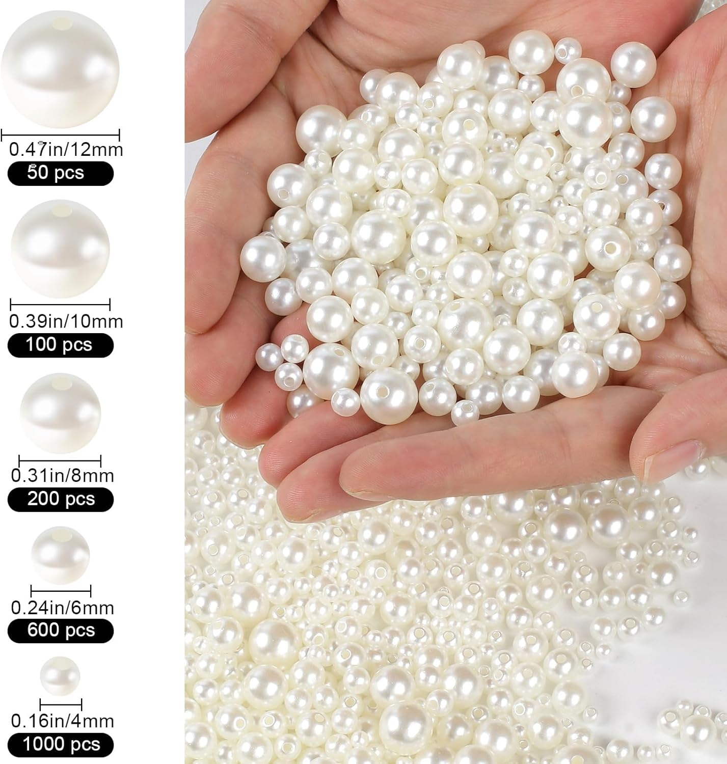Pearl Beads with Hole, 5 Size Pearls for Crafts, Round Loose Pearl Beads for Jewelry Making, Pearls for Jewelry Making, Decoration, DIY Crafts, Stuffing