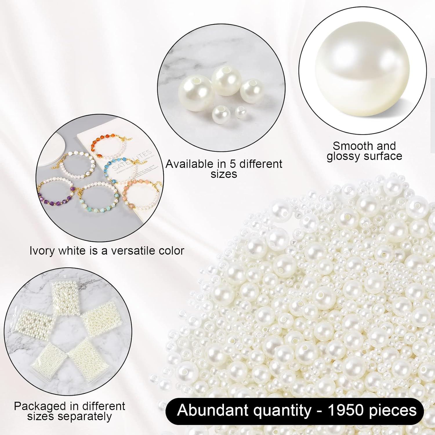 Pearl Beads with Hole, 5 Size Pearls for Crafts, Round Loose Pearl Beads for Jewelry Making, Pearls for Jewelry Making, Decoration, DIY Crafts, Stuffing