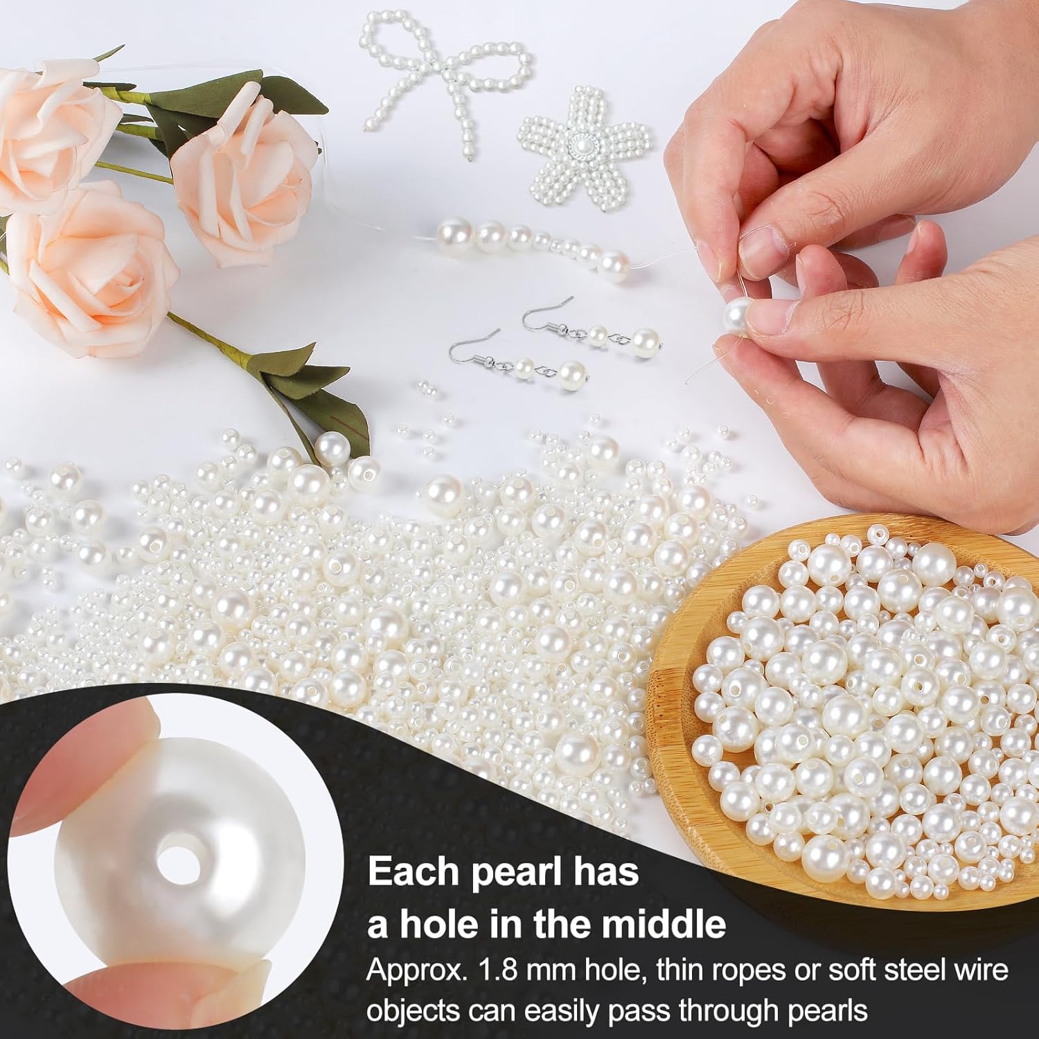 Pearl Beads with Hole, 5 Size Pearls for Crafts, Round Loose Pearl Beads for Jewelry Making, Pearls for Jewelry Making, Decoration, DIY Crafts, Stuffing