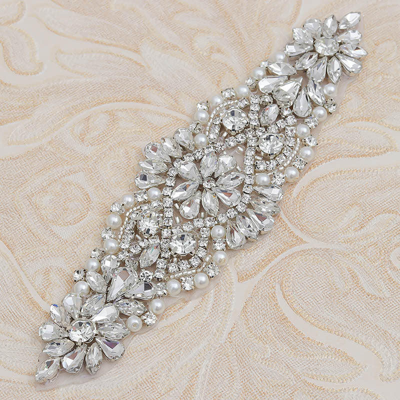 Heat Transfer Rhinestone Patch, Sparkling Glass Rhinestones And Pearl Design For Dance Costumes, Leotards, Performance Wear, Clothing Embellishment