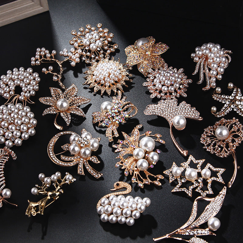 Korea style full pearl swan rhinestone flower brooch pin -women's fashion accessories