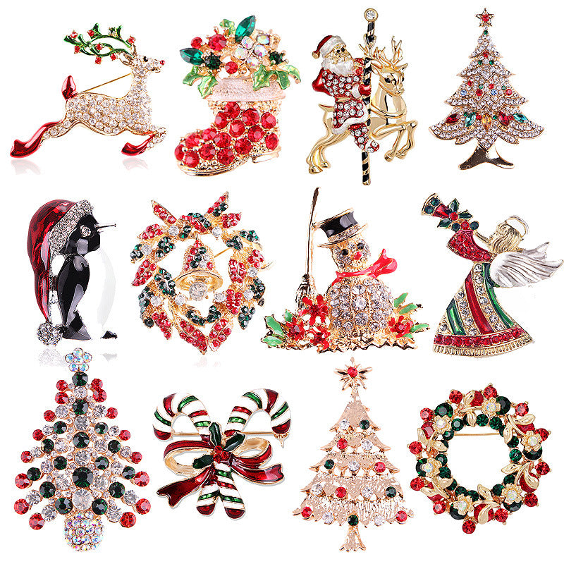 Women's Christmas Brooches Set - New Fashion Santa Tree Reindeer Wreath Snowflake Bell Pins