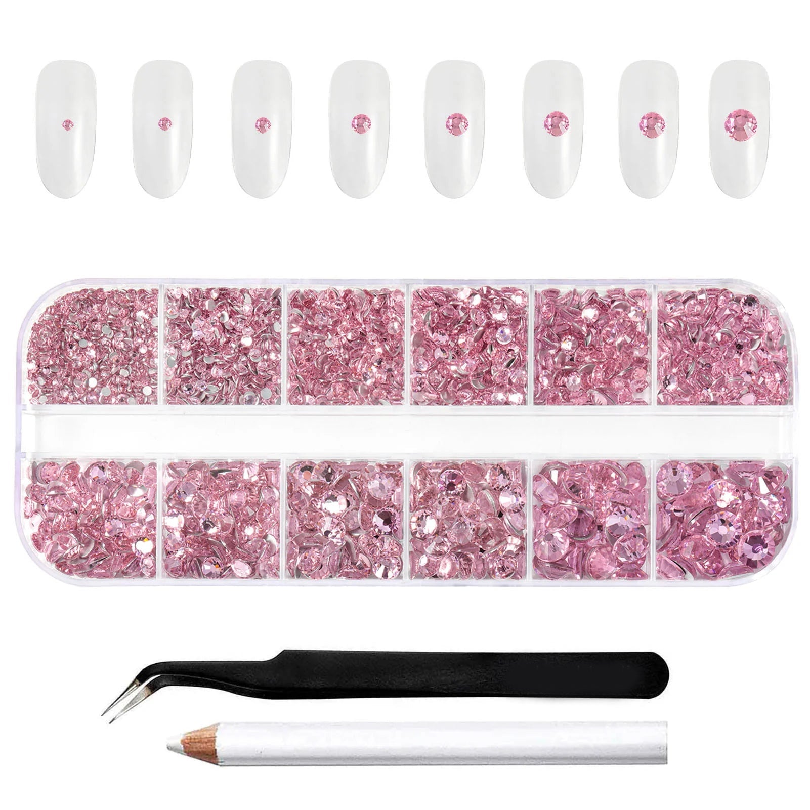 Rhinestones for Makeup,8 sizes 2500pcs Flatback Rhinestones Face Gems for Nails Crafts with Tweezers and Wax Pencil- Light Pink