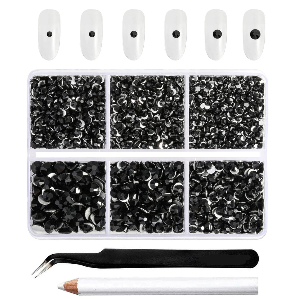 4300pcs Flatback Rhinestones, Nail Gems Round Crystal Rhinestones for Crafts,Mixed 6 Sizes with Picking Tweezers and Wax Pencil Kit- Black