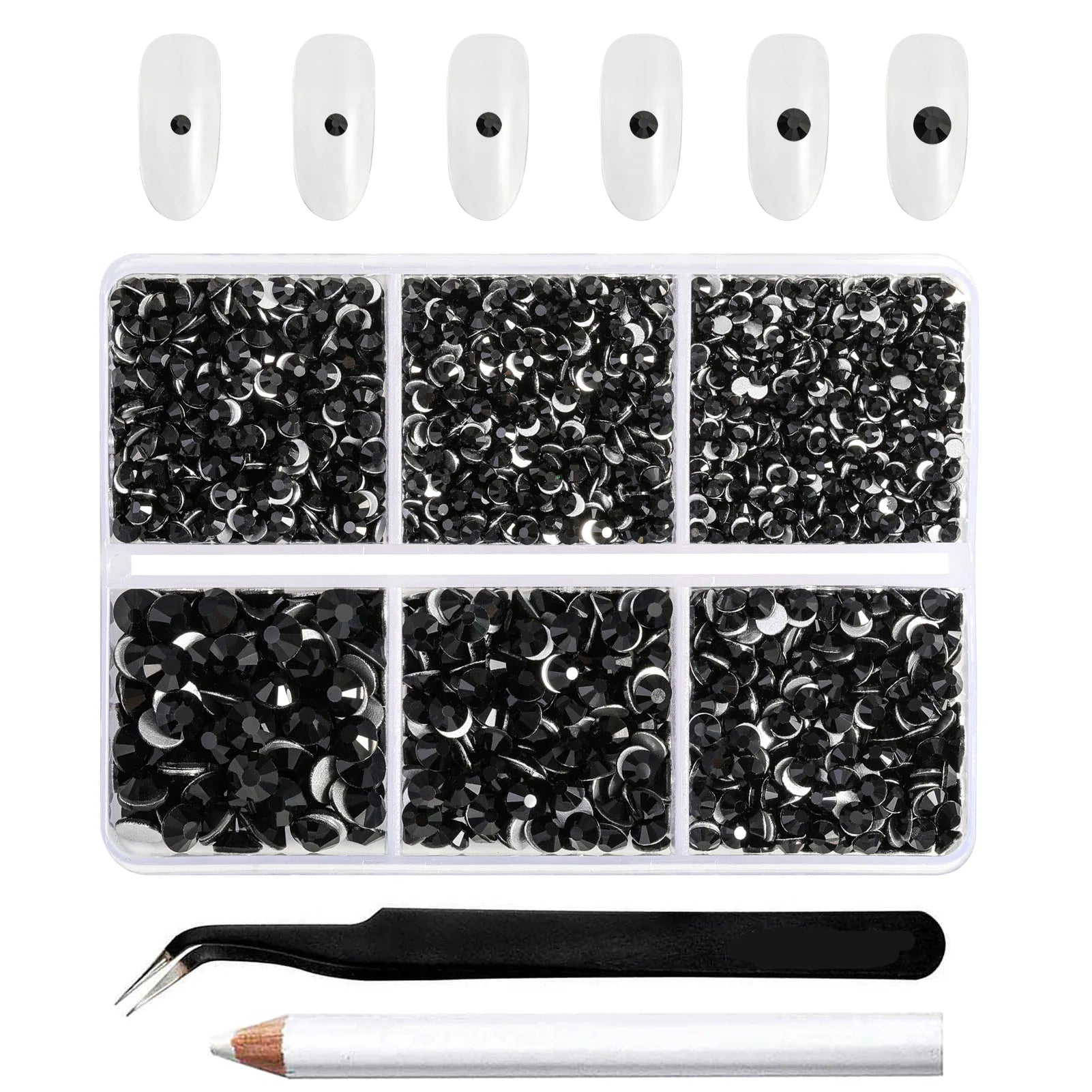 4300pcs Flatback Rhinestones, Nail Gems Round Crystal Rhinestones for Crafts,Mixed 6 Sizes with Picking Tweezers and Wax Pencil Kit- Black