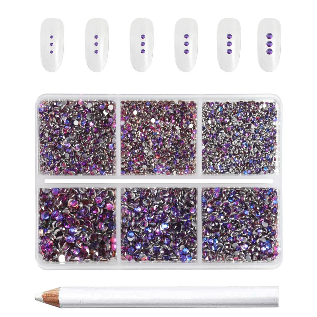 7200pcs Flatback Rhinestones,Nail Gems Round Crystal Rhinestones for Crafts,Mixed 6 Sizes with Wax Pencil Kit, SS3-SS10-Purple