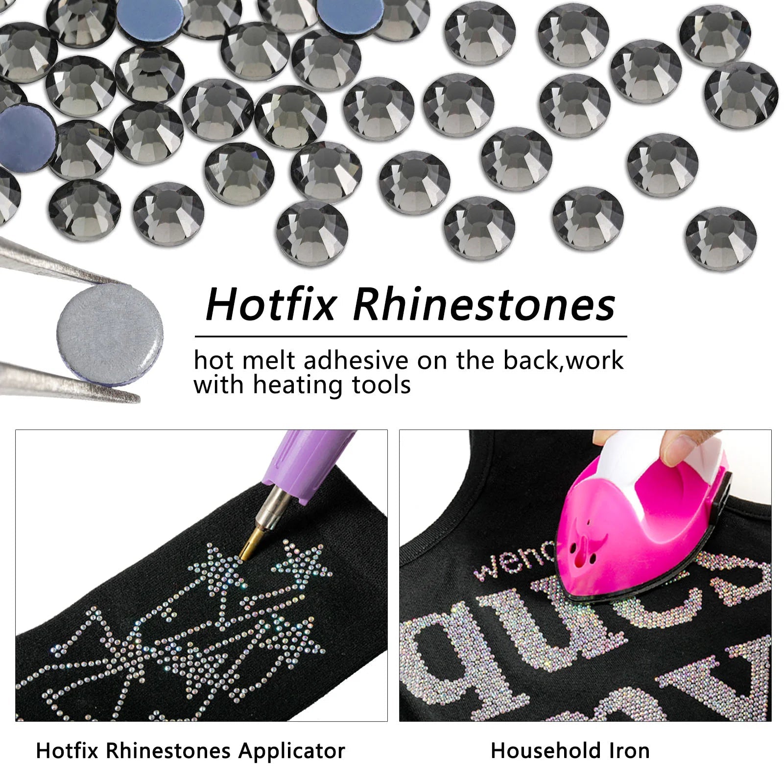 Hotfix Rhinestones Bulk, Hot Fix Rhinestones for Crafts Clothes DIY Decoration, Black Diamond