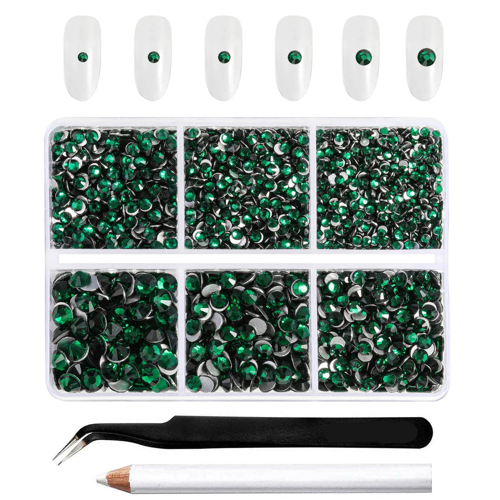 4300pcs Flatback Rhinestones, Nail Gems Round Crystal Rhinestones for Crafts,Mixed 6 Sizes with Picking Tweezers and Wax Pencil Kit- Emerald