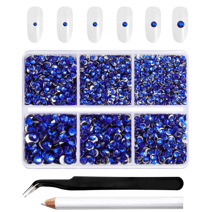 4300pcs Flatback Rhinestones, Nail Gems Round Crystal Rhinestones for Crafts,Mixed 6 Sizes with Picking Tweezers and Wax Pencil Kit- Sapphire