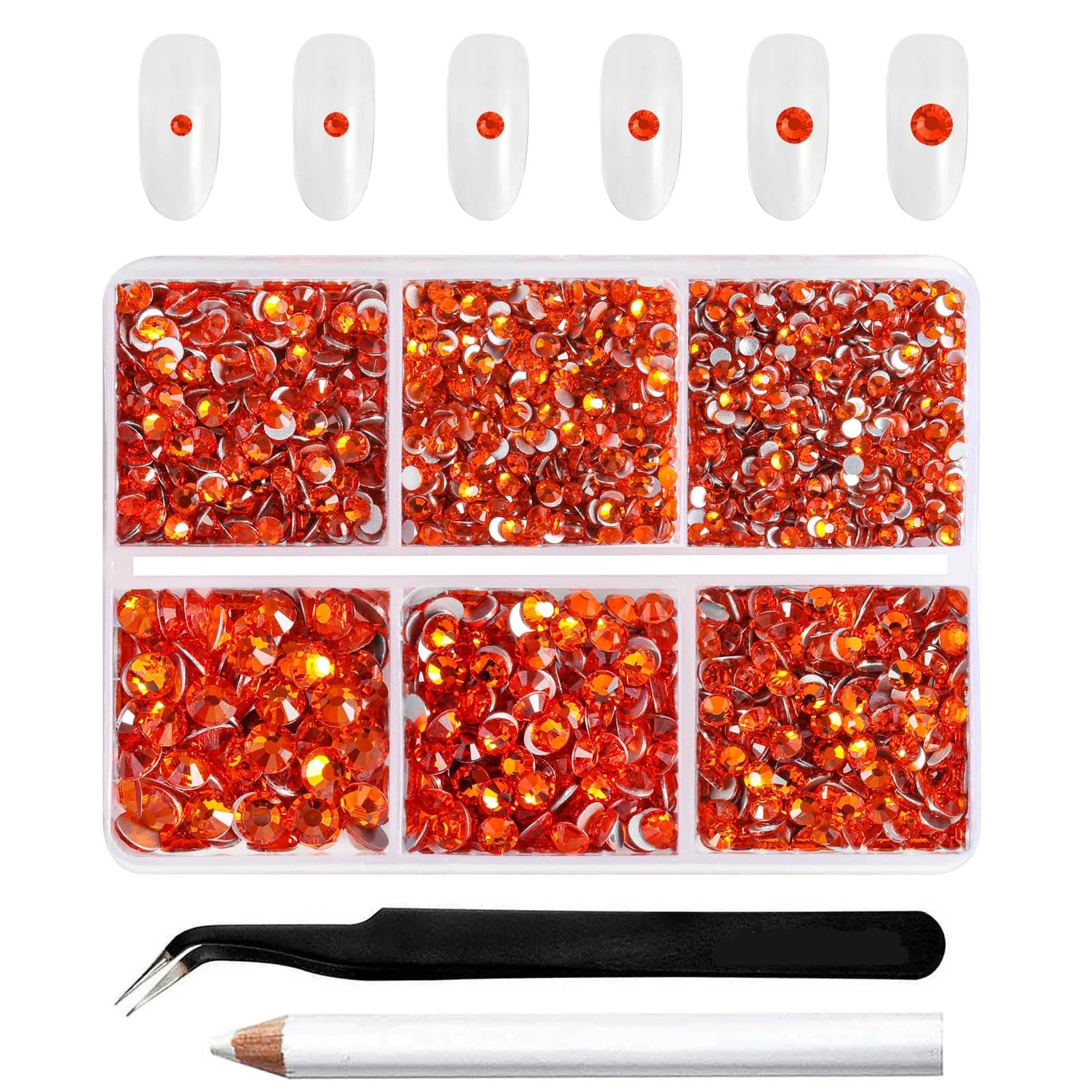 4300pcs Flatback Rhinestones, Nail Gems Round Crystal Rhinestones for Crafts,Mixed 6 Sizes with Picking Tweezers and Wax Pencil Kit- Orange