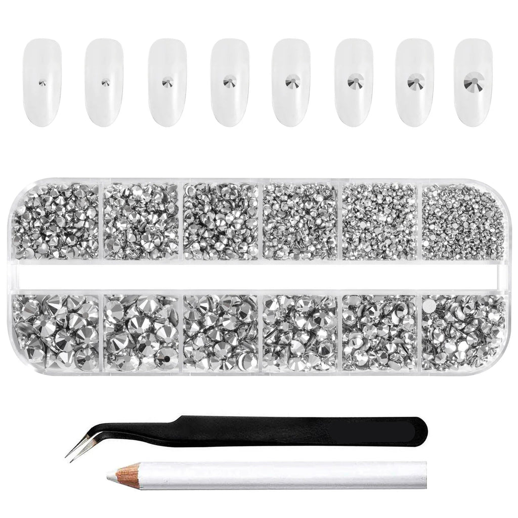 Rhinestones for Makeup,8 sizes 2500pcs Flatback Rhinestones Face Gems for Nails Crafts with Tweezers and Wax Pencil- Silver Hematite