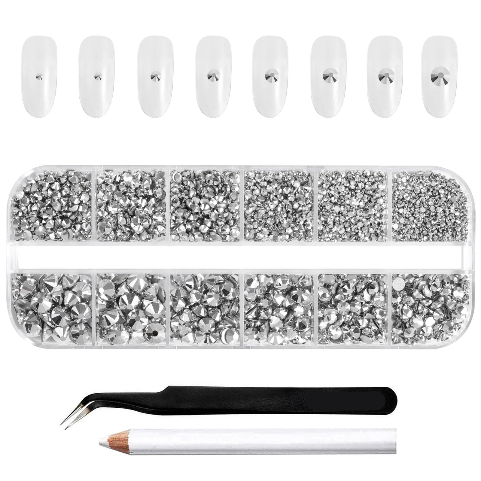 Rhinestones for Makeup,8 sizes 2500pcs Flatback Rhinestones Face Gems for Nails Crafts with Tweezers and Wax Pencil- Silver Hematite