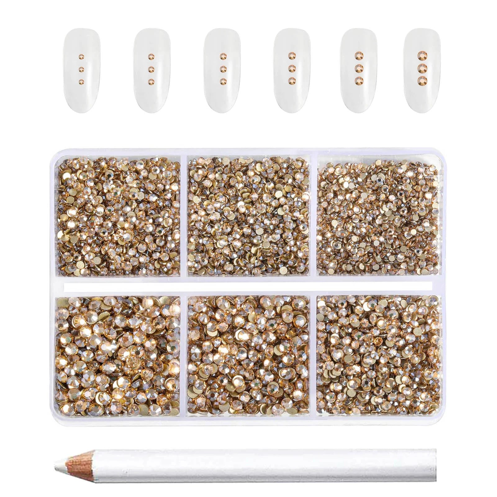 7200pcs Flatback Rhinestones,Nail Gems Round Crystal Rhinestones for Crafts,Mixed 6 Sizes with Wax Pencil Kit, SS3-SS10- Golden Shadow