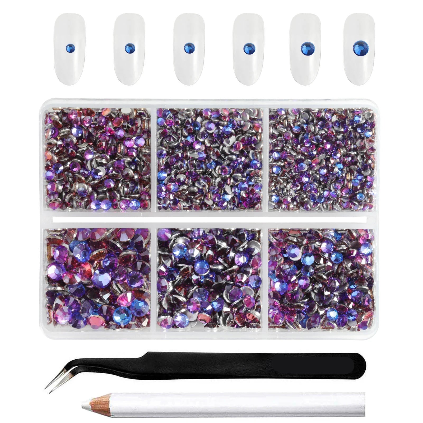 4300pcs Flatback Rhinestones, Nail Gems Round Crystal Rhinestones for Crafts,Mixed 6 Sizes with Picking Tweezers and Wax Pencil Kit-Purple Velvet