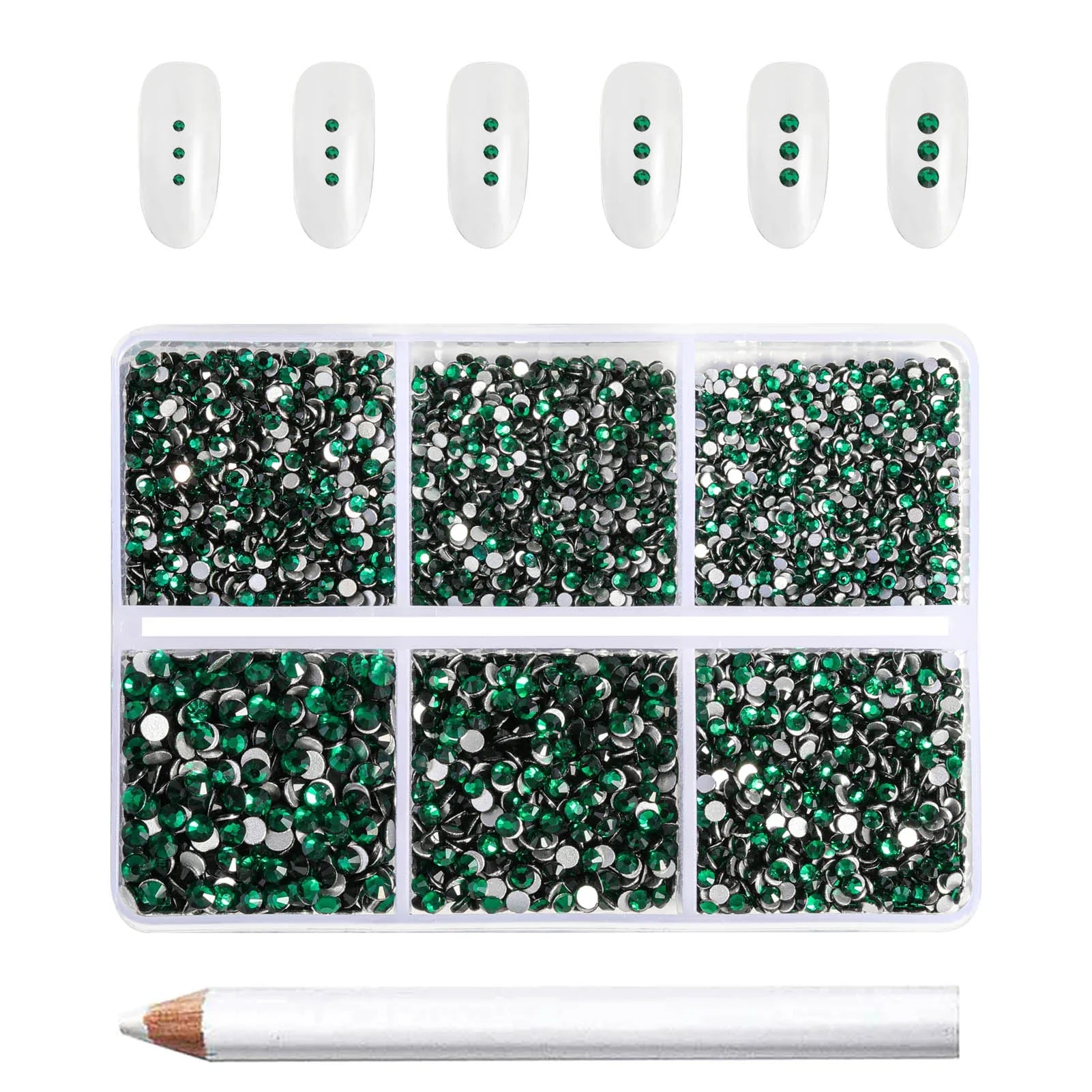 7200pcs Flatback Rhinestones,Nail Gems Round Crystal Rhinestones for Crafts,Mixed 6 Sizes with Wax Pencil Kit, SS3-SS10- Emerald