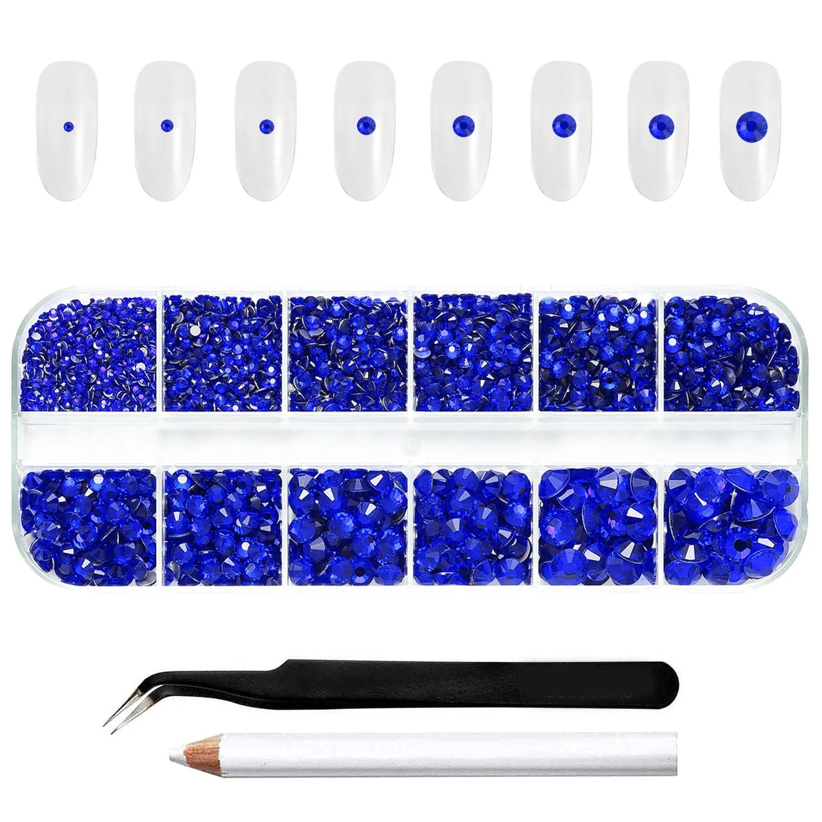 Rhinestones for Makeup,8 sizes 2500pcs Flatback Rhinestones Face Gems for Nails Crafts with Tweezers and Wax Pencil- Sapphire