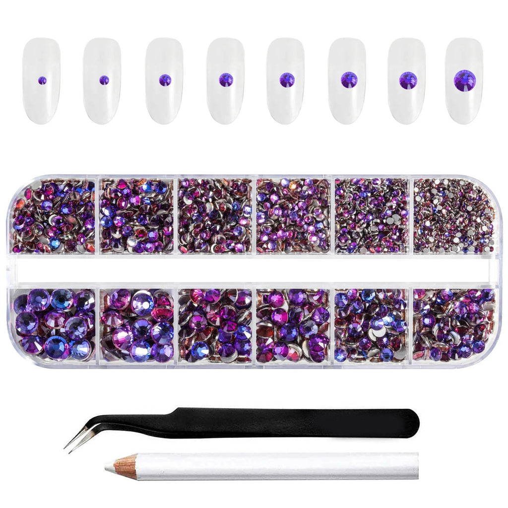 Rhinestones for Makeup,8 sizes 2500pcs Flatback Rhinestones Face Gems for Nails Crafts with Tweezers and Wax Pencil- Purple Velvet