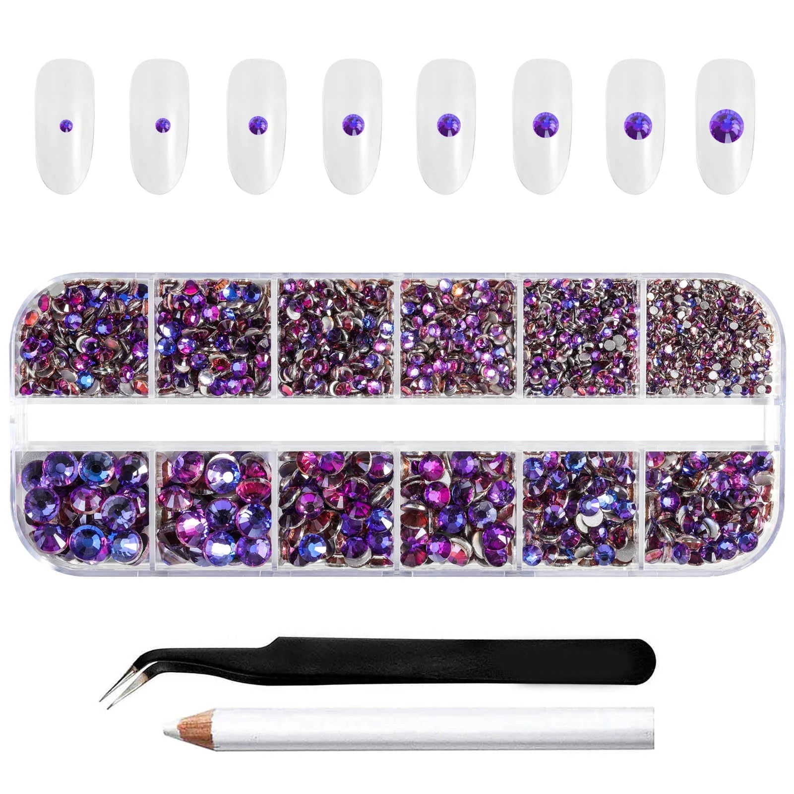 Rhinestones for Makeup,8 sizes 2500pcs Flatback Rhinestones Face Gems for Nails Crafts with Tweezers and Wax Pencil- Purple Velvet