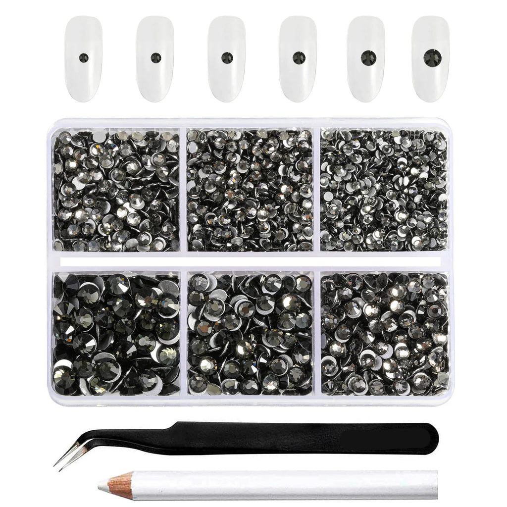 4300pcs Flatback Rhinestones, Nail Gems Round Crystal Rhinestones for Crafts,Mixed 6 Sizes with Picking Tweezers and Wax Pencil Kit- Black Diamond