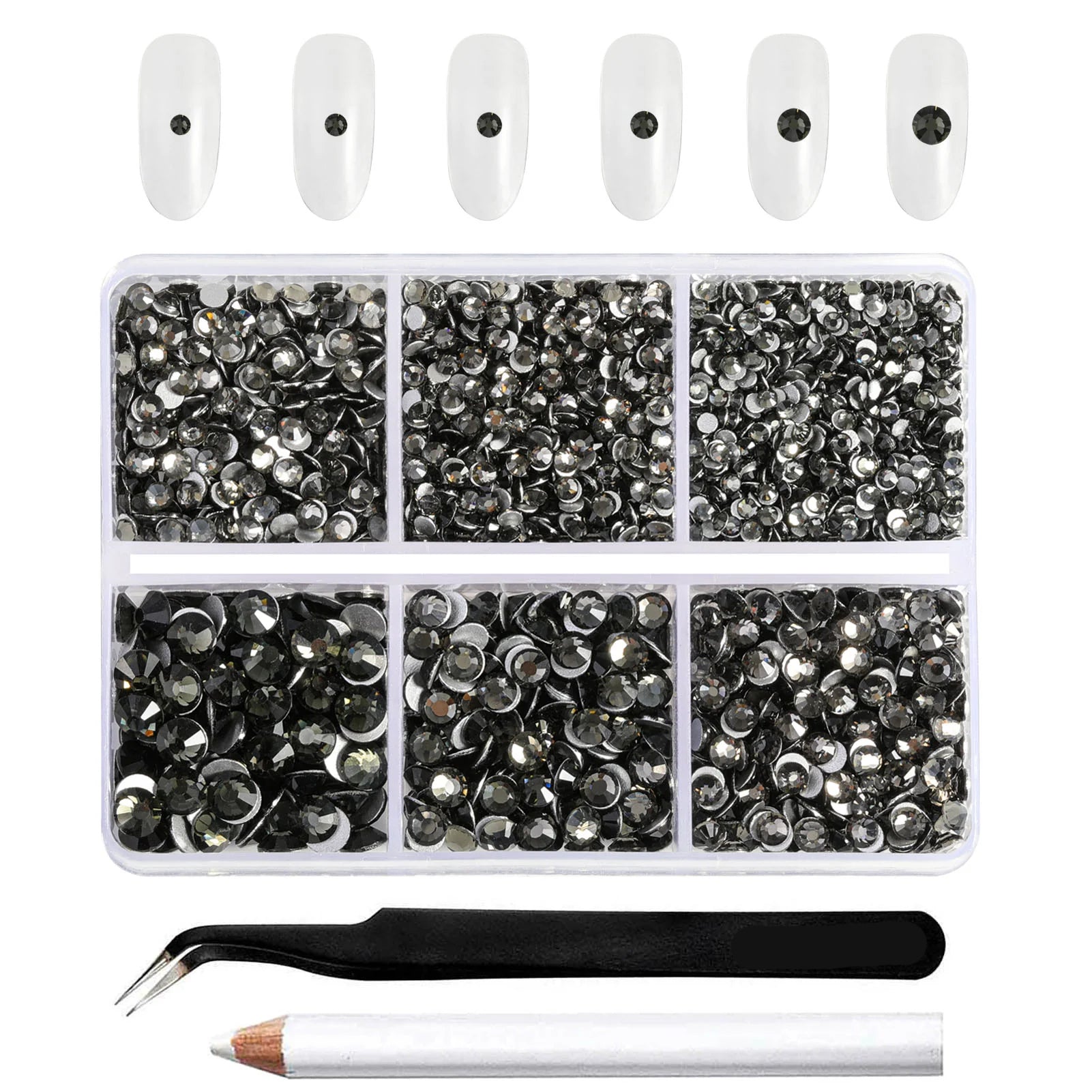 4300pcs Flatback Rhinestones, Nail Gems Round Crystal Rhinestones for Crafts,Mixed 6 Sizes with Picking Tweezers and Wax Pencil Kit- Black Diamond