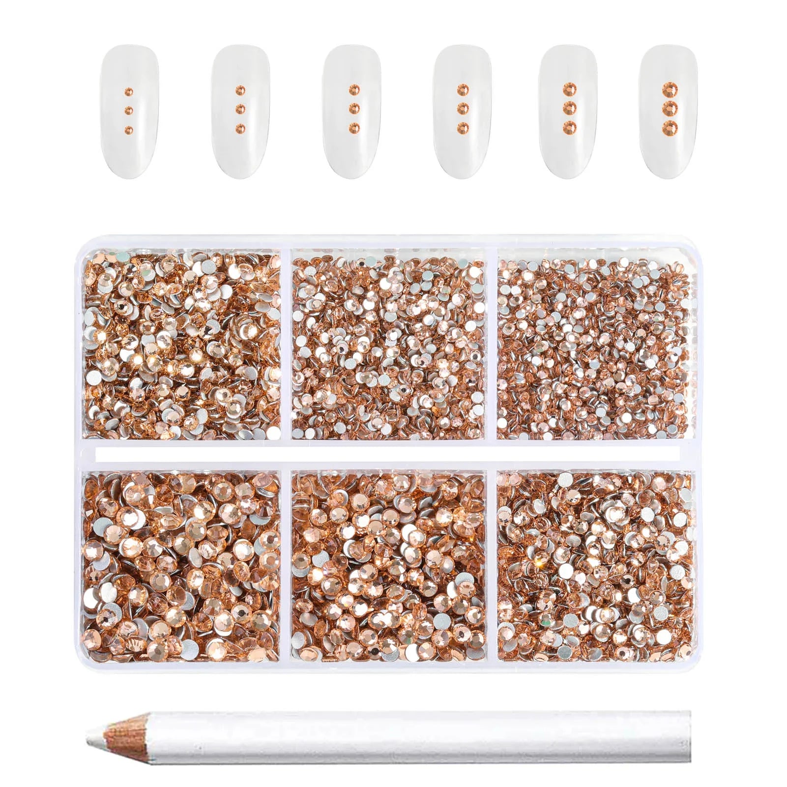 7200pcs Flatback Rhinestones,Nail Gems Round Crystal Rhinestones for Crafts,Mixed 6 Sizes with Wax Pencil Kit, SS3-SS10- Light Peach