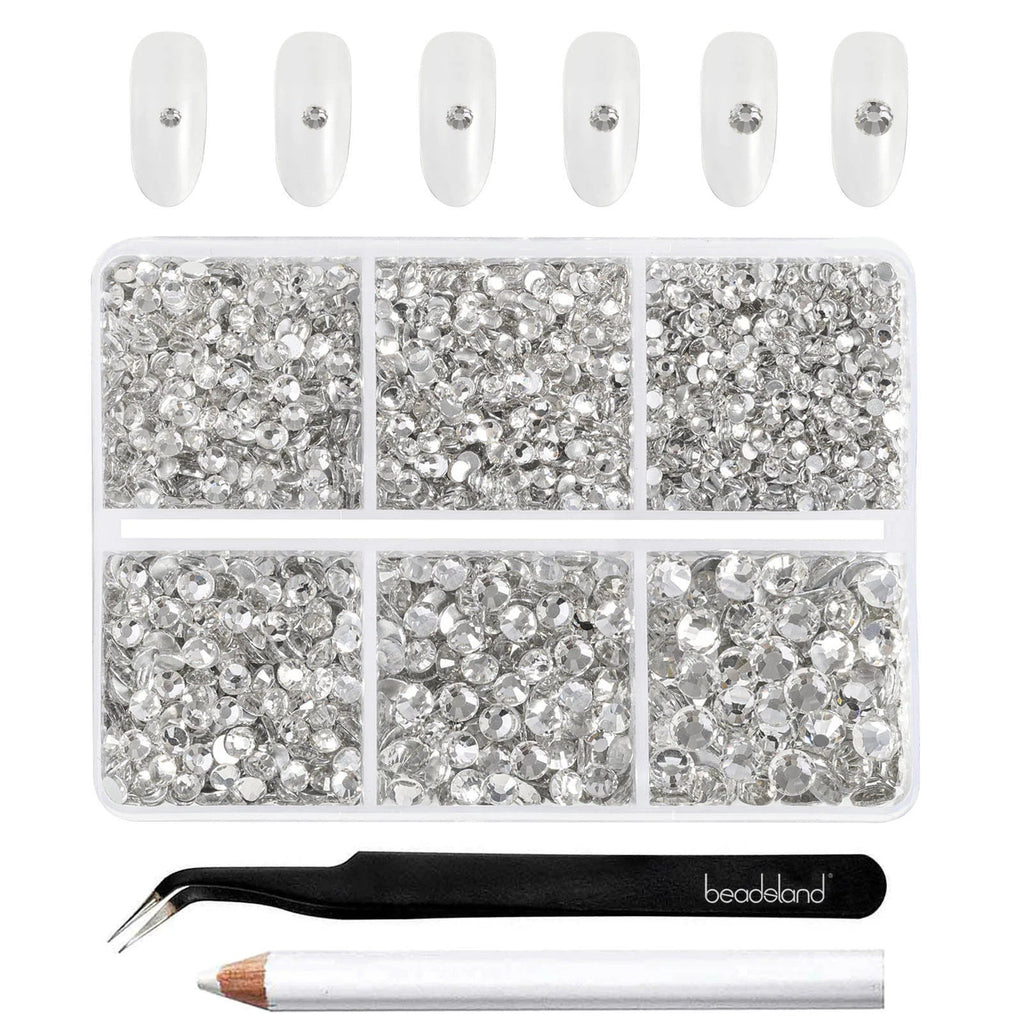 4300pcs Flatback Rhinestones, Nail Gems Round Crystal Rhinestones for Crafts,Mixed 6 Sizes with Picking Tweezers and Wax Pencil Kit- Crystal