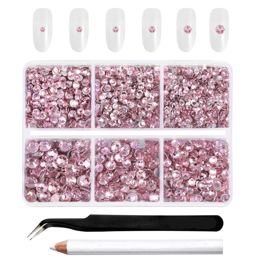 4300pcs Flatback Rhinestones, Nail Gems Round Crystal Rhinestones for Crafts,Mixed 6 Sizes with Picking Tweezers and Wax Pencil Kit- Light Pink