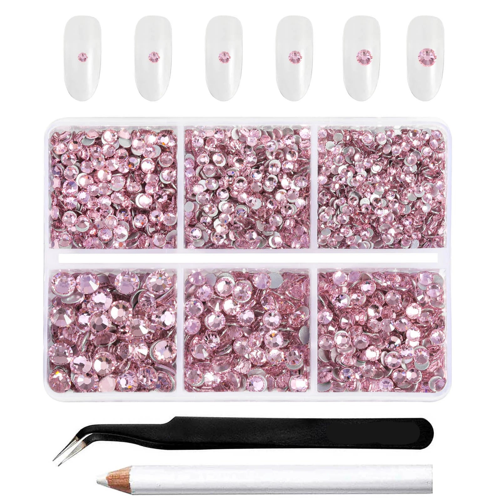 4300pcs Flatback Rhinestones, Nail Gems Round Crystal Rhinestones for Crafts,Mixed 6 Sizes with Picking Tweezers and Wax Pencil Kit- Light Pink