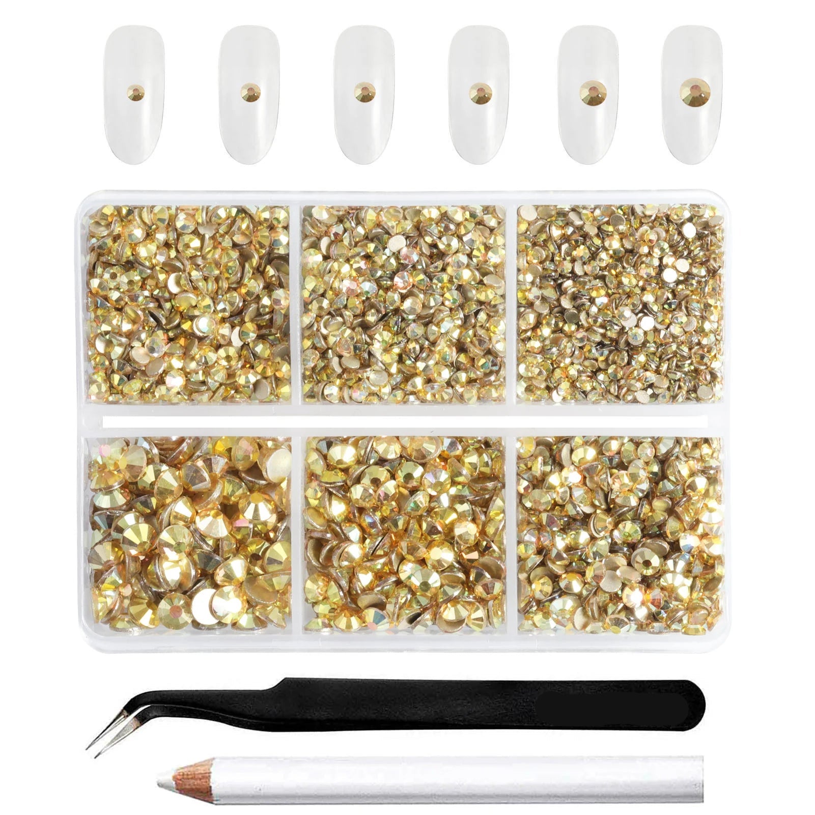 4300pcs Flatback Rhinestones, Nail Gems Round Crystal Rhinestones for Crafts,Mixed 6 Sizes with Picking Tweezers and Wax Pencil Kit-Metalsunlight