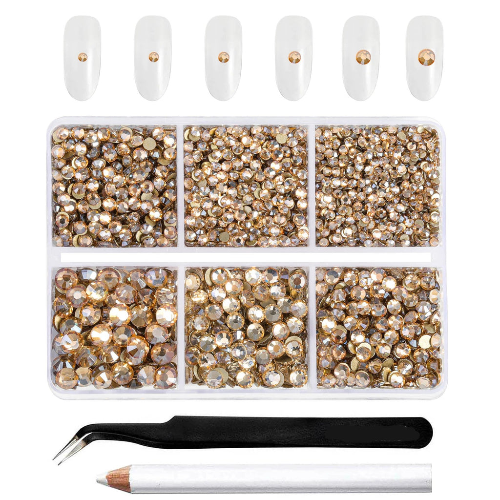 4300pcs Flatback Rhinestones, Nail Gems Round Crystal Rhinestones for Crafts,Mixed 6 Sizes with Picking Tweezers and Wax Pencil Kit- Golden Shadow