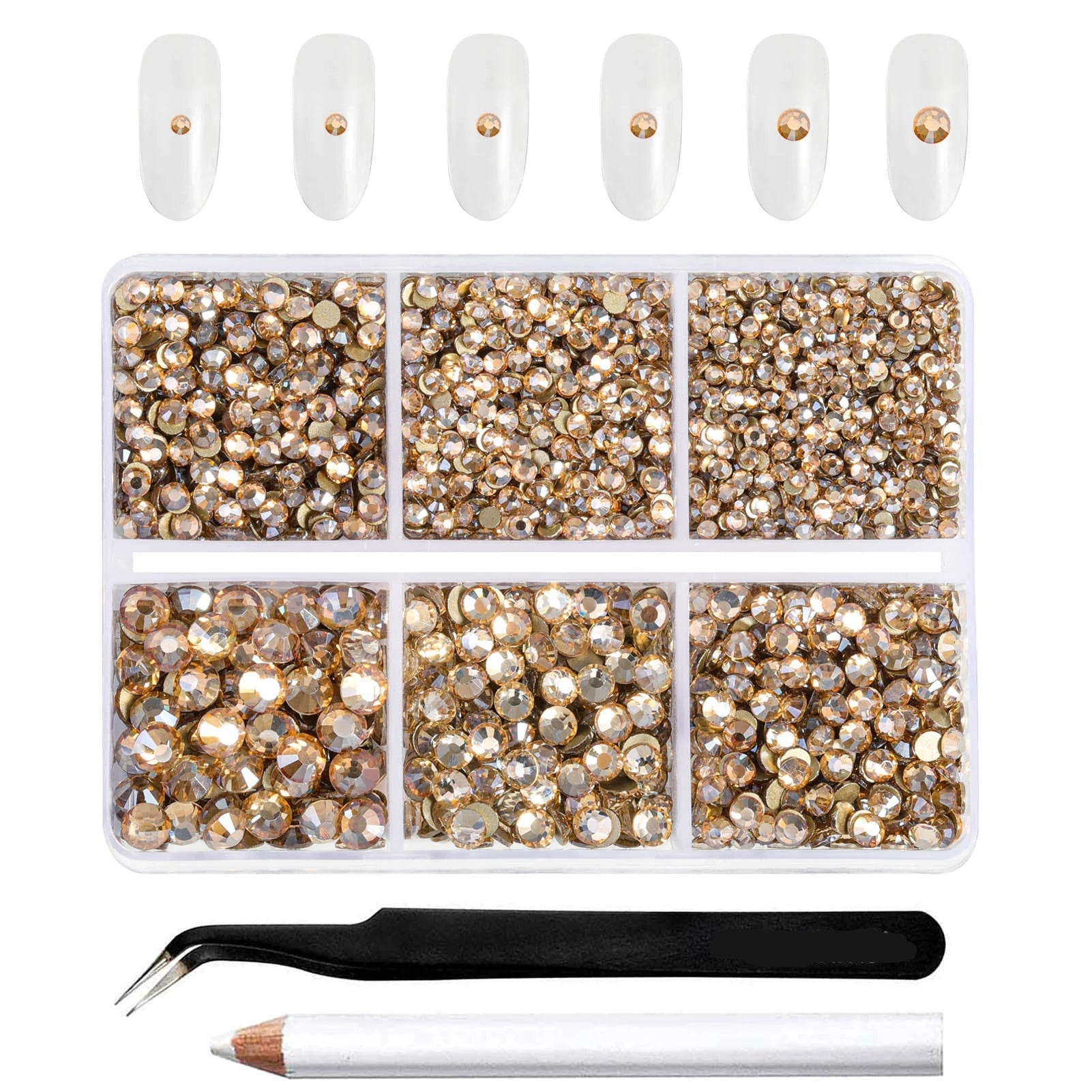 4300pcs Flatback Rhinestones, Nail Gems Round Crystal Rhinestones for Crafts,Mixed 6 Sizes with Picking Tweezers and Wax Pencil Kit- Golden Shadow