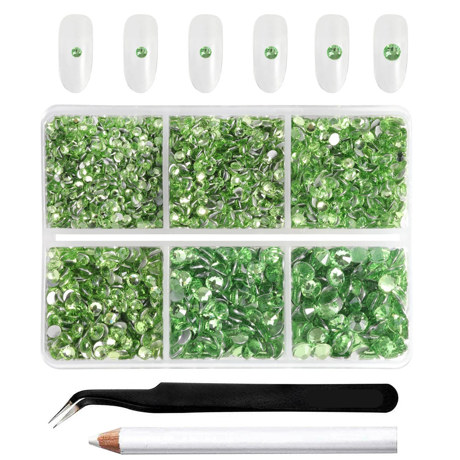 4300pcs Flatback Rhinestones, Nail Gems Round Crystal Rhinestones for Crafts,Mixed 6 Sizes with Picking Tweezers and Wax Pencil Kit -lightgreen