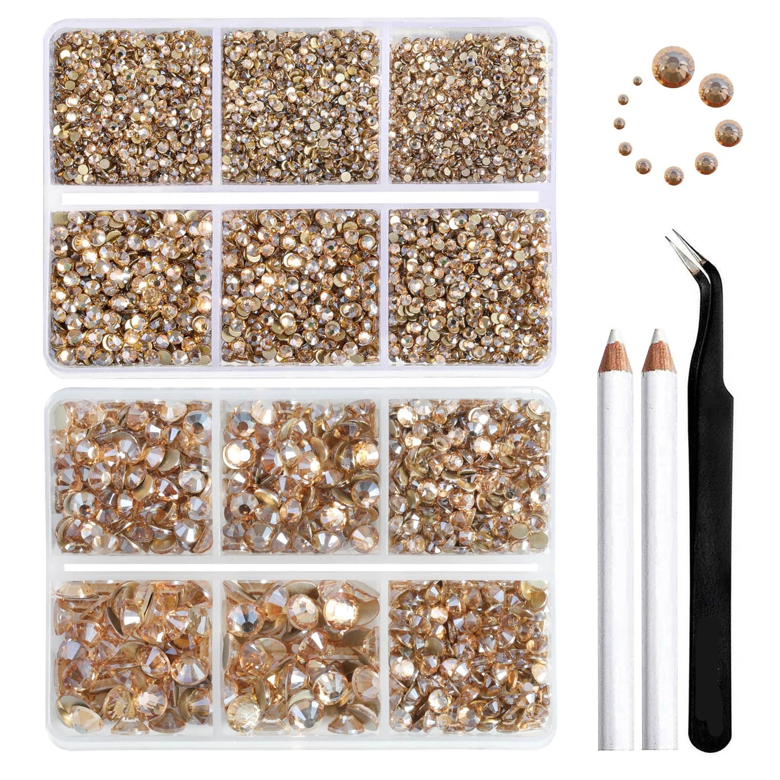 8300PCS Flatback Rhinestones, Nail Gems Round Crystal Rhinestones for Crafts, Mixed 10 Sizes with Wax Pencil and Tweezer Kit, SS3-SS30-Golden