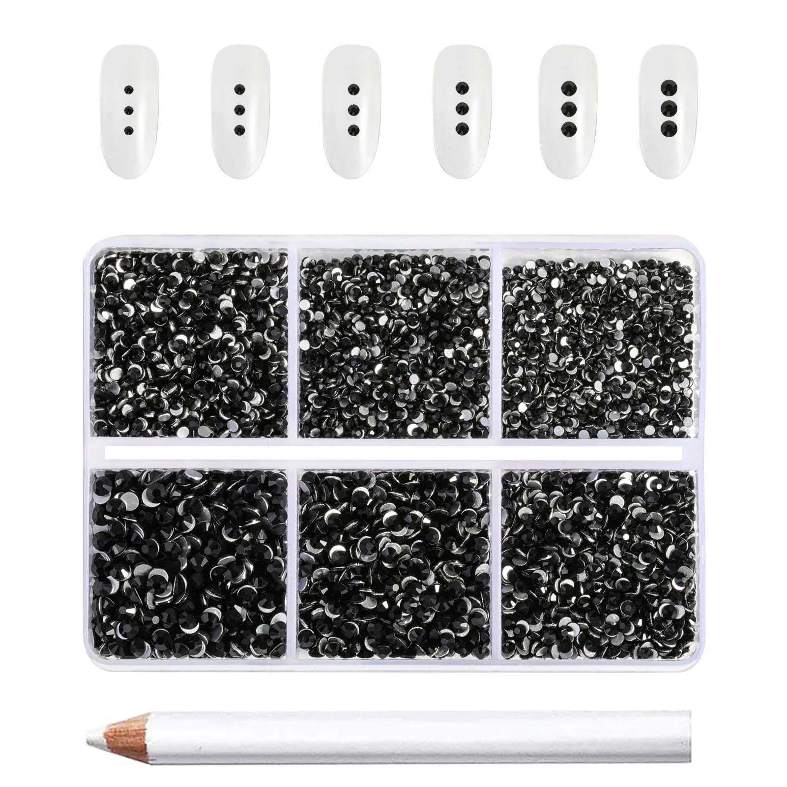 7200pcs Flatback Rhinestones,Nail Gems Round Crystal Rhinestones for Crafts,Mixed 6 Sizes with Wax Pencil Kit, SS3-SS10- Black