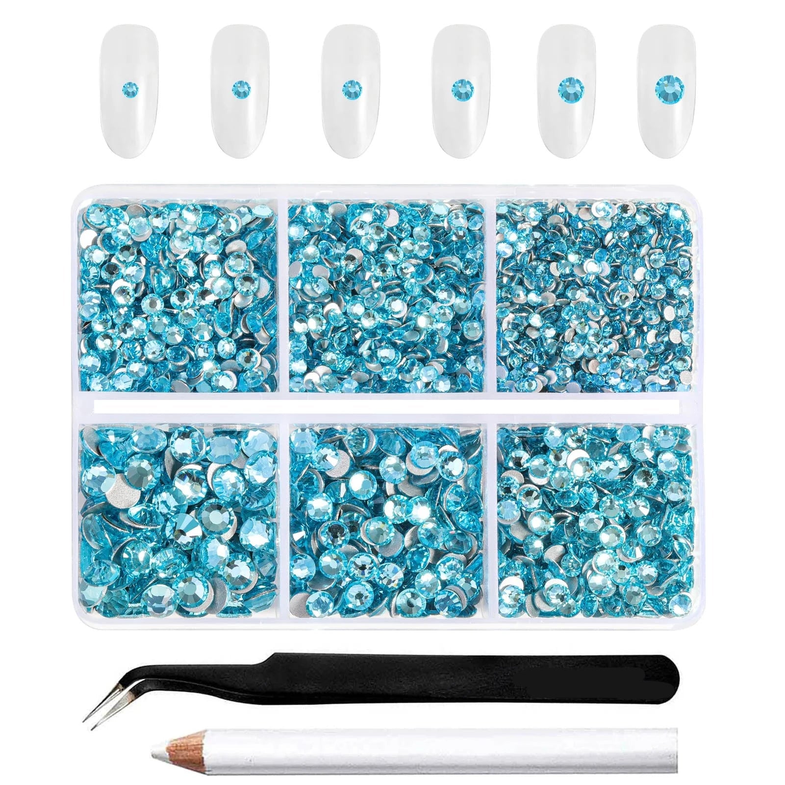 4300pcs Flatback Rhinestones, Nail Gems Round Crystal Rhinestones for Crafts,Mixed 6 Sizes with Picking Tweezers and Wax Pencil Kit- Aquamarine