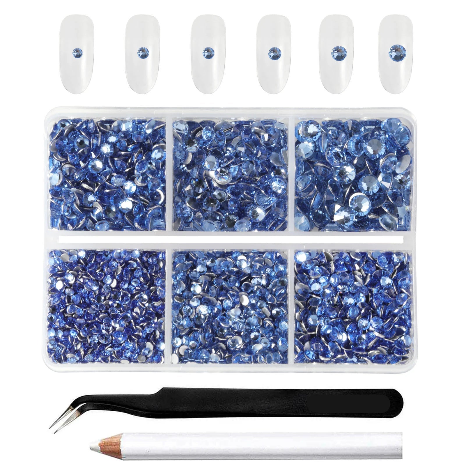 4300pcs Flatback Rhinestones, Nail Gems Round Crystal Rhinestones for Crafts,Mixed 6 Sizes with Picking Tweezers and Wax Pencil Kit-Light sapphire