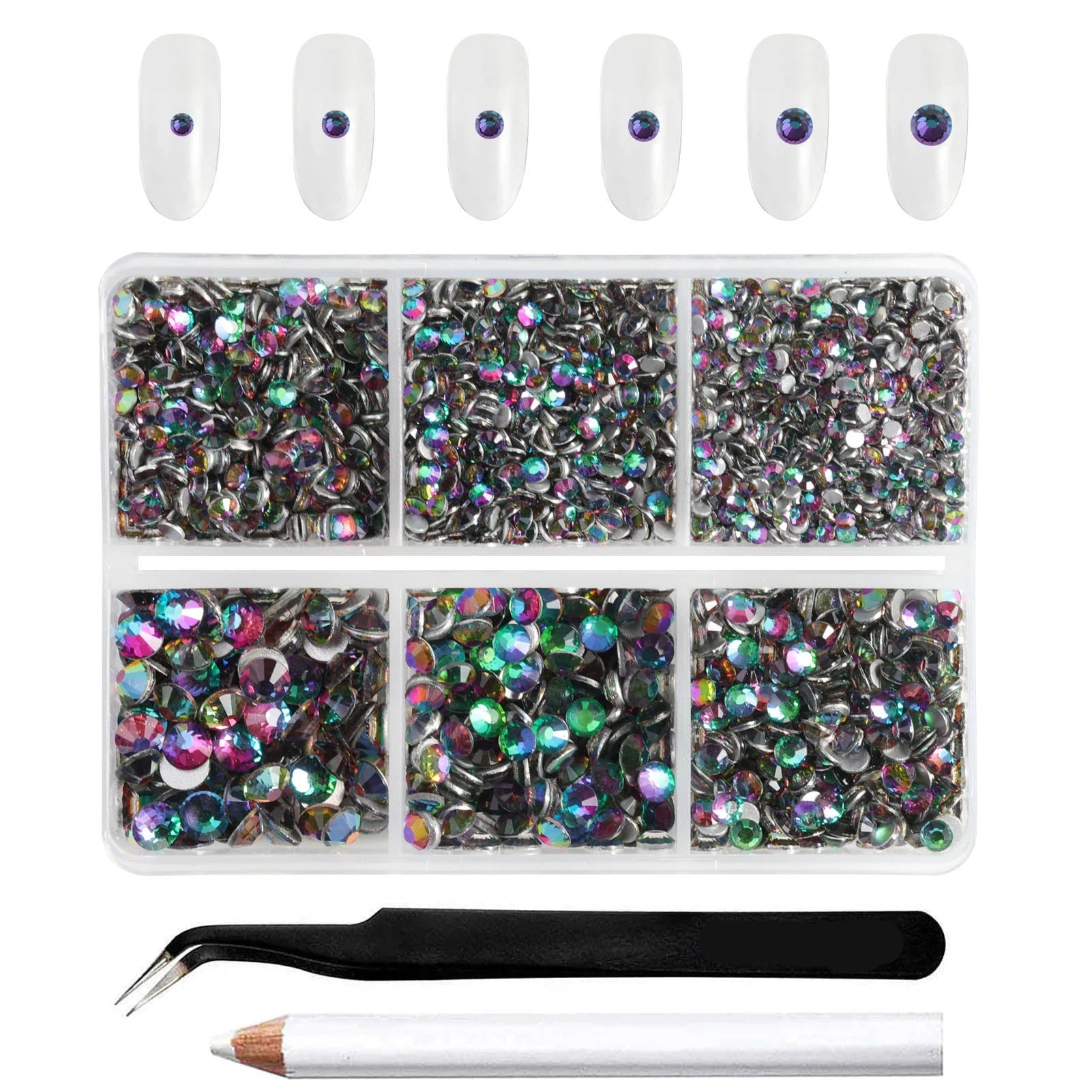 4300pcs Flatback Rhinestones, Nail Gems Round Crystal Rhinestones for Crafts,Mixed 6 Sizes with Picking Tweezers and Wax Pencil Kit-Greenvolcano