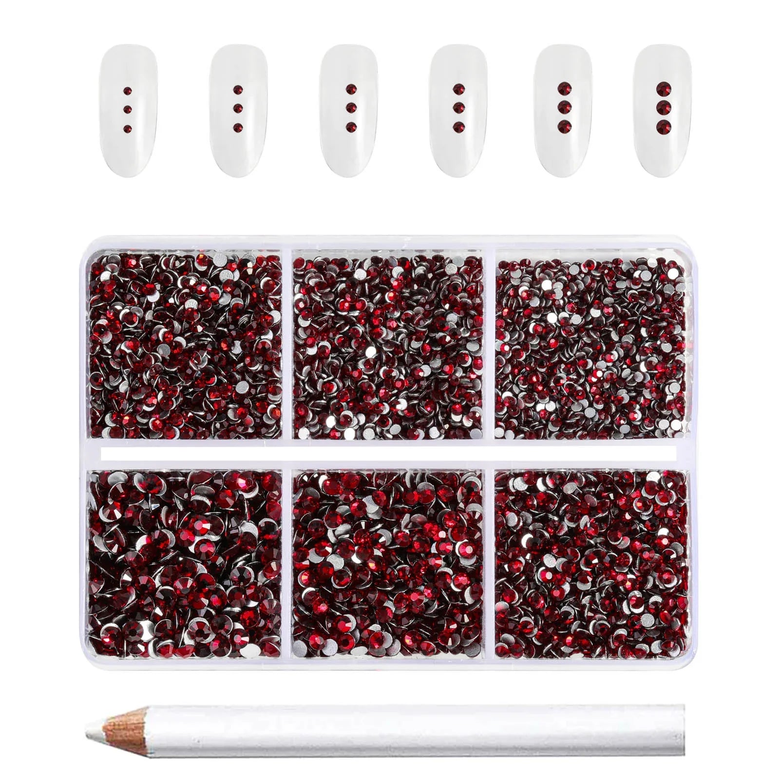 7200pcs Flatback Rhinestones,Nail Gems Round Crystal Rhinestones for Crafts,Mixed 6 Sizes with Wax Pencil Kit, SS3-SS10- Dark Siam