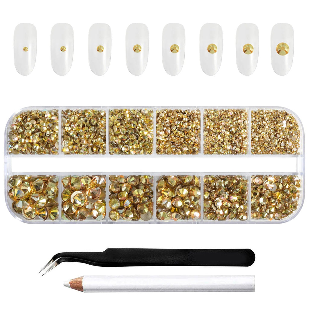 Rhinestones for Makeup,8 sizes 2500pcs Flatback Rhinestones Face Gems for Nails Crafts with Tweezers and Wax Pencil- Metal Sunlight
