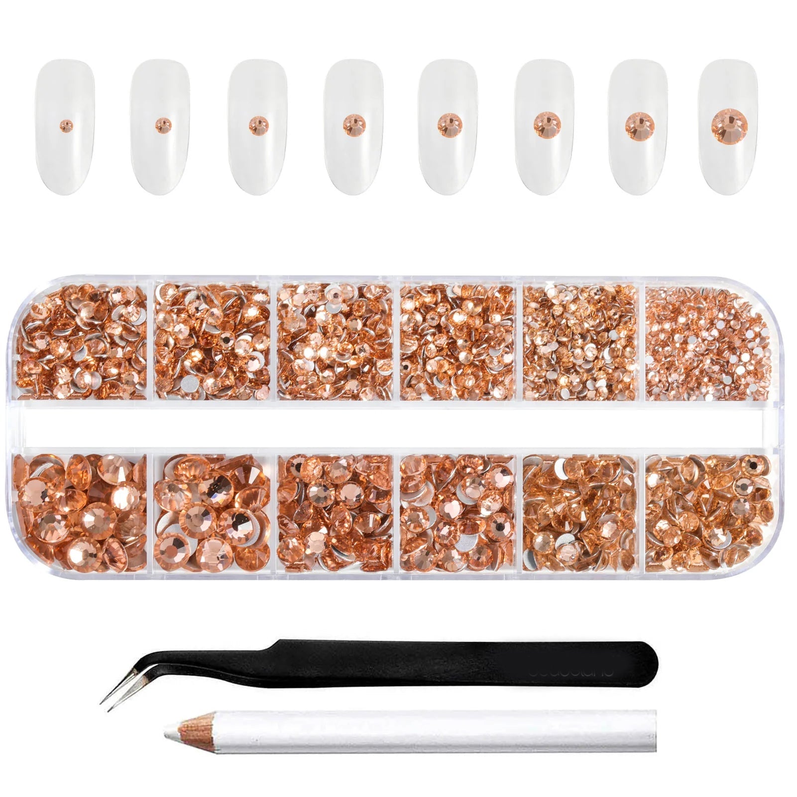 Rhinestones for Makeup,8 sizes 2500pcs Flatback Rhinestones Face Gems for Nails Crafts with Tweezers and Wax Pencil- Light Peach