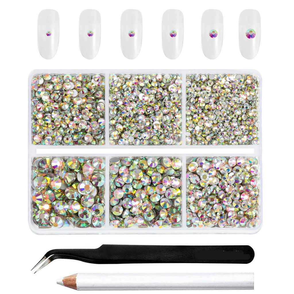 4300pcs Flatback Rhinestones, Nail Gems Round Crystal Rhinestones for Crafts,Mixed 6 Sizes with Picking Tweezers and Wax Pencil Kit- Crystal AB