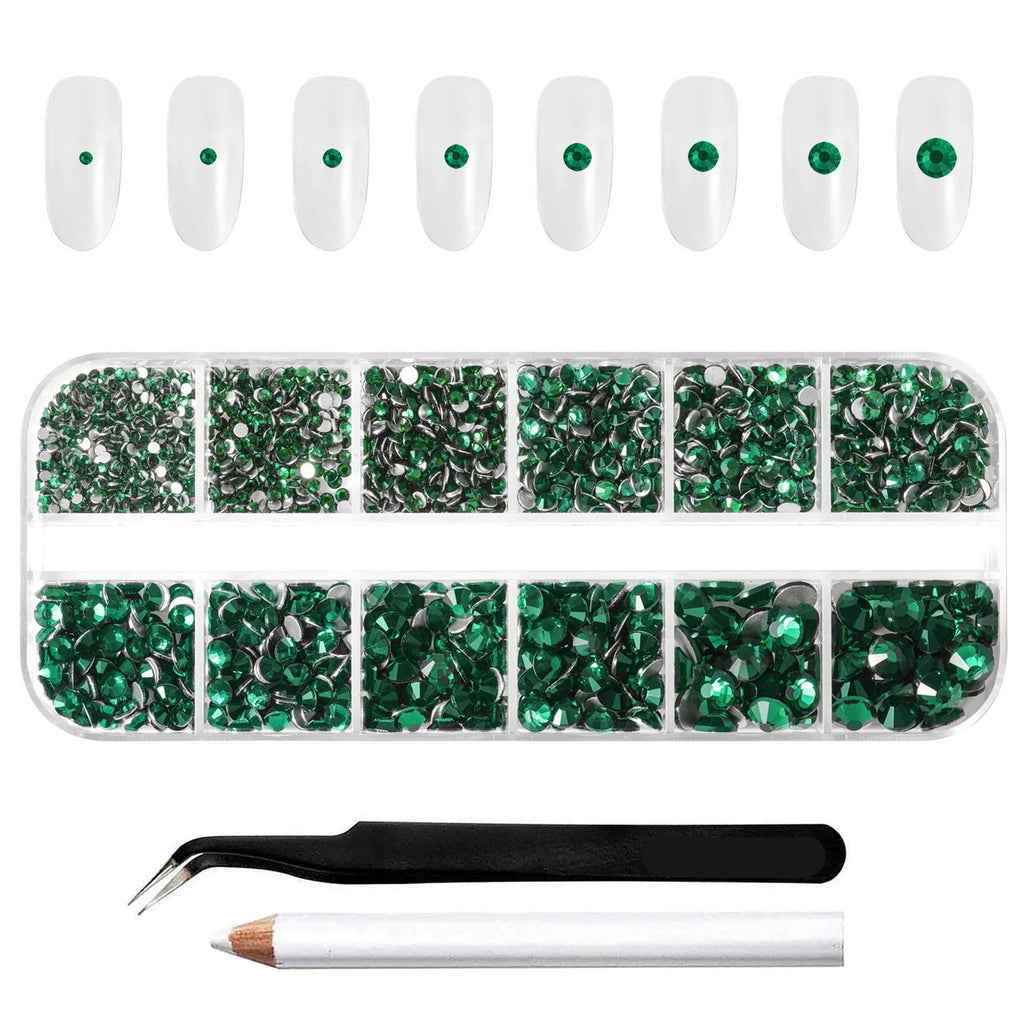 Rhinestones for Makeup,8 sizes 2500pcs Flatback Rhinestones Face Gems for Nails Crafts with Tweezers and Wax Pencil- Emerald