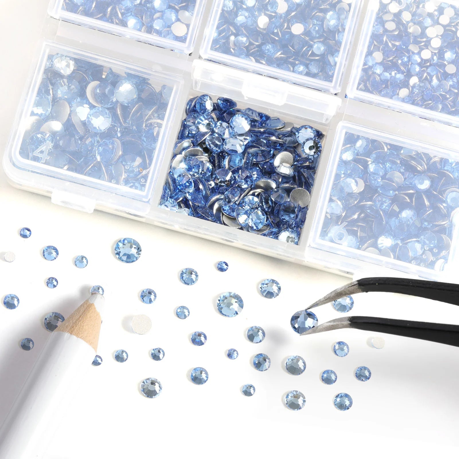 4300pcs Flatback Rhinestones, Nail Gems Round Crystal Rhinestones for Crafts,Mixed 6 Sizes with Picking Tweezers and Wax Pencil Kit-Light sapphire