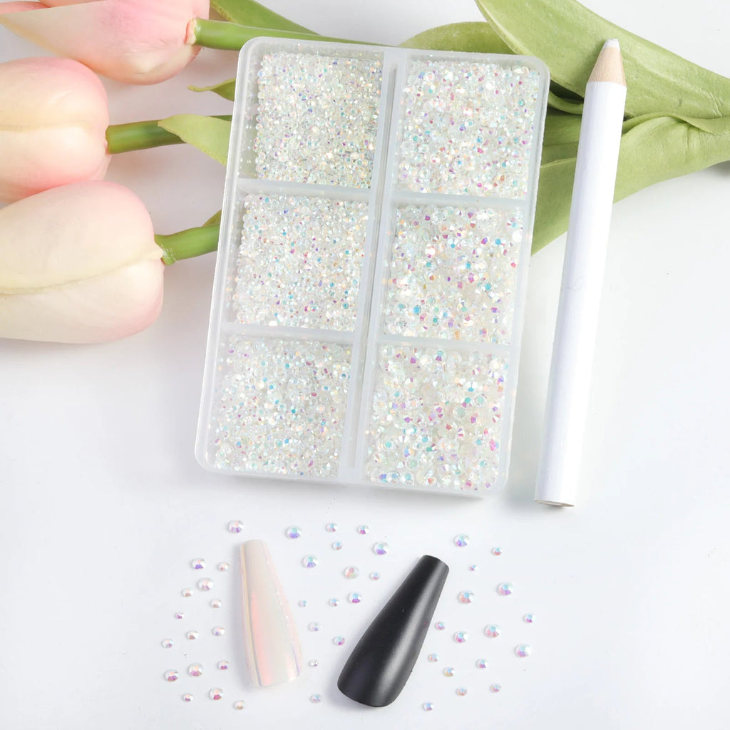 7200pcs Flatback Rhinestones,Nail Gems Round Crystal Rhinestones for Crafts,Mixed 6 Sizes with Wax Pencil Kit, SS3-SS10-Transparent