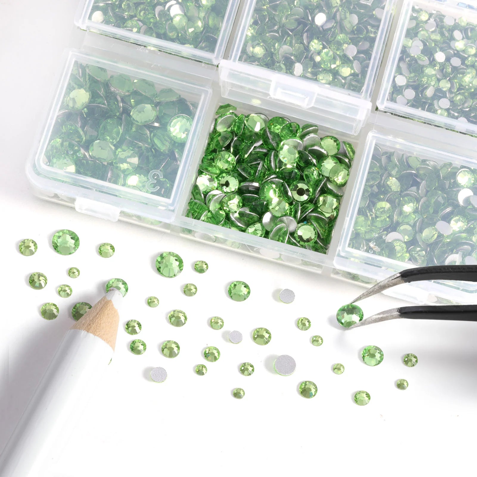 4300pcs Flatback Rhinestones, Nail Gems Round Crystal Rhinestones for Crafts,Mixed 6 Sizes with Picking Tweezers and Wax Pencil Kit -lightgreen