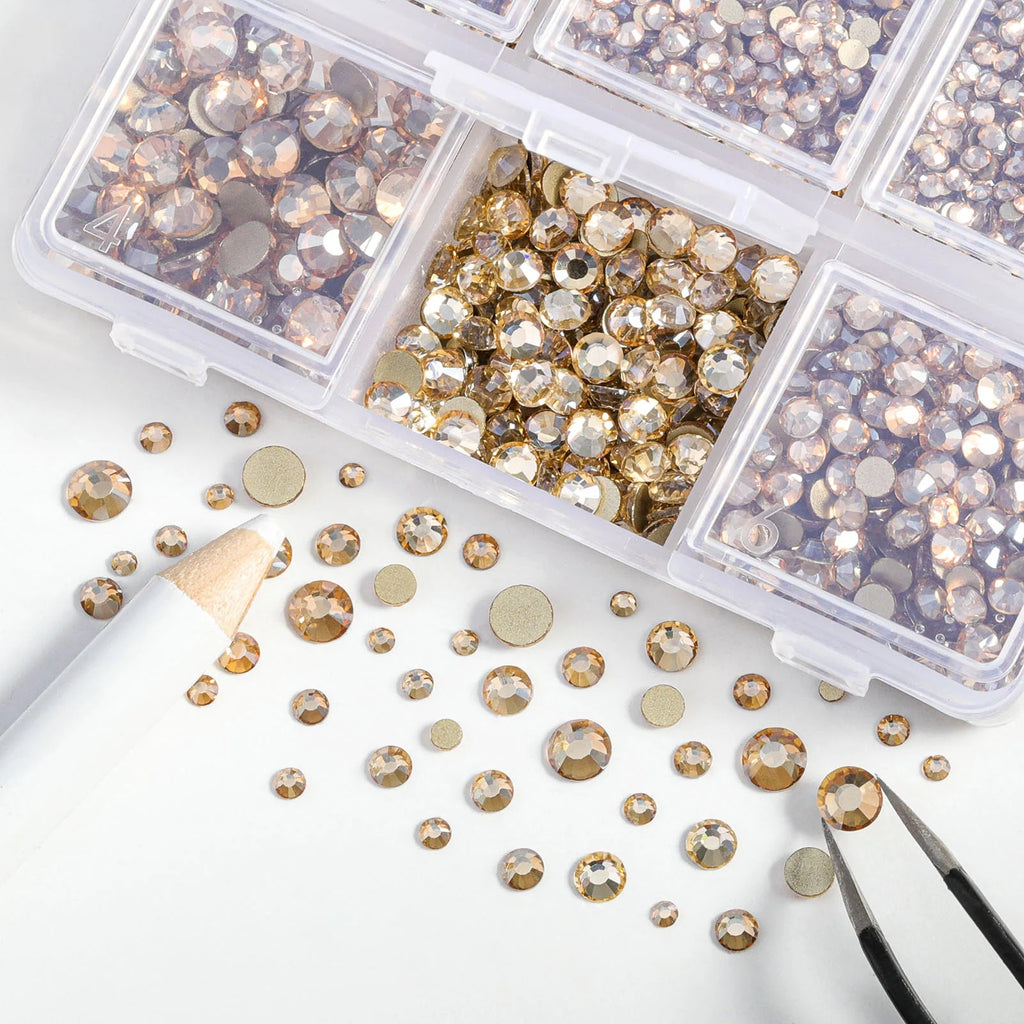 4300pcs Flatback Rhinestones, Nail Gems Round Crystal Rhinestones for Crafts,Mixed 6 Sizes with Picking Tweezers and Wax Pencil Kit- Golden Shadow
