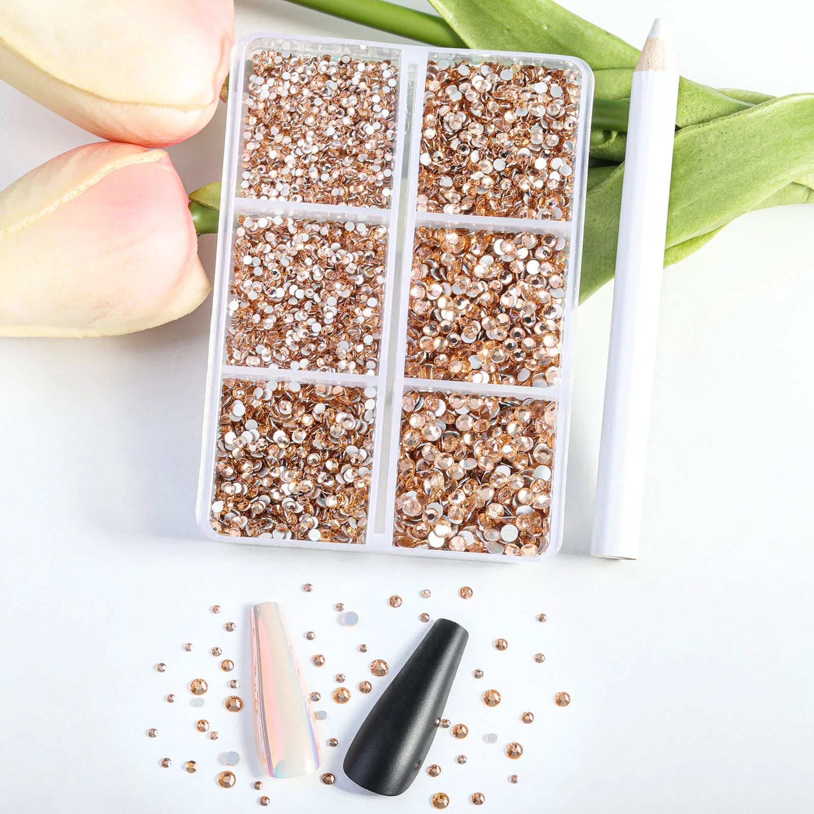7200pcs Flatback Rhinestones,Nail Gems Round Crystal Rhinestones for Crafts,Mixed 6 Sizes with Wax Pencil Kit, SS3-SS10- Light Peach