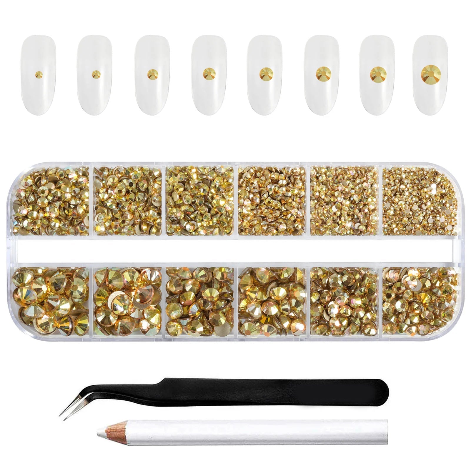 Rhinestones for Makeup,8 sizes 2500pcs Flatback Rhinestones Face Gems for Nails Crafts with Tweezers and Wax Pencil- Metal Sunlight
