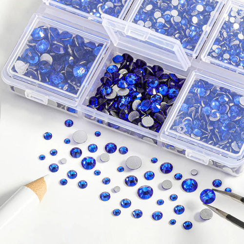 4300pcs Flatback Rhinestones, Nail Gems Round Crystal Rhinestones for Crafts,Mixed 6 Sizes with Picking Tweezers and Wax Pencil Kit- Sapphire