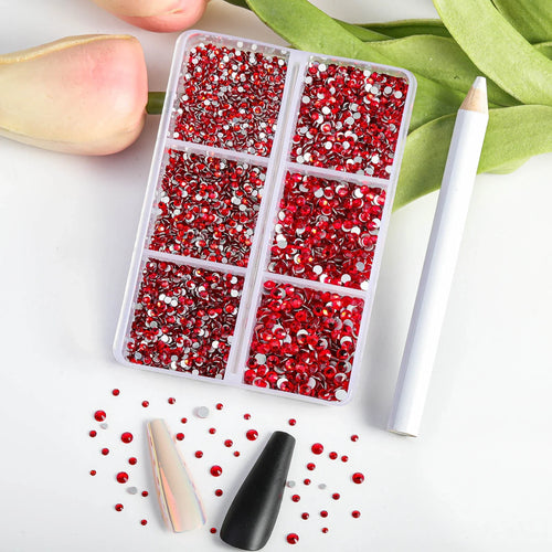 7200pcs Flatback Rhinestones,Nail Gems Round Crystal Rhinestones for Crafts,Mixed 6 Sizes with Wax Pencil Kit, SS3-SS10- Light Siam